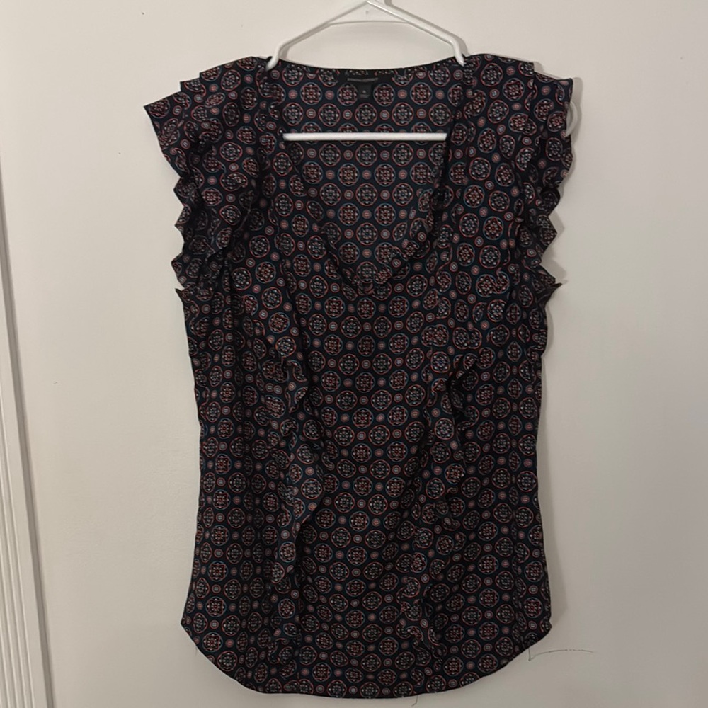 Banana Republic Navy and Orange Patterned Ruffled Cap Sleeve Blouse